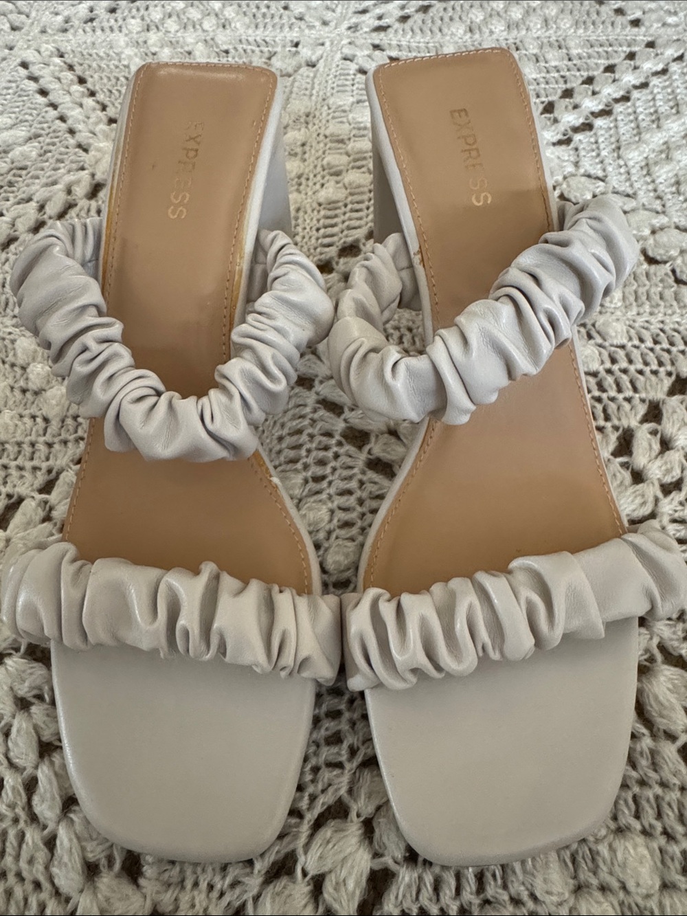 Express Ruched-Strap Square-Toe Sandals in Light Beige